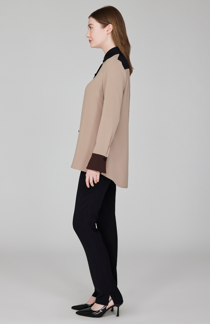 Lustrous Crepe Color Block Back Overlap Shirt - Macchiato