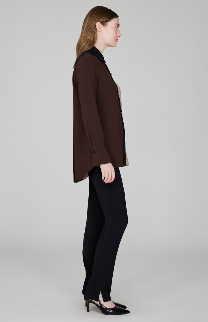 Lustrous Crepe Color Block Back Overlap Shirt - Macchiato