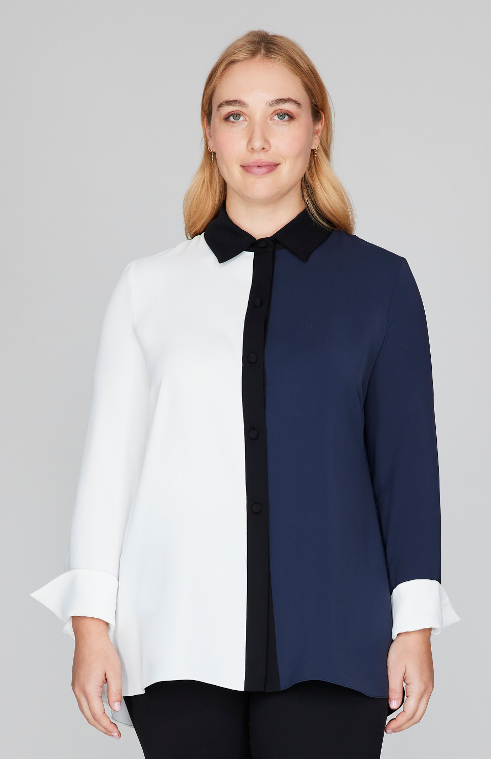 Color Block Lustrous Crepe Back Overlap Shirt - Moonlight 3