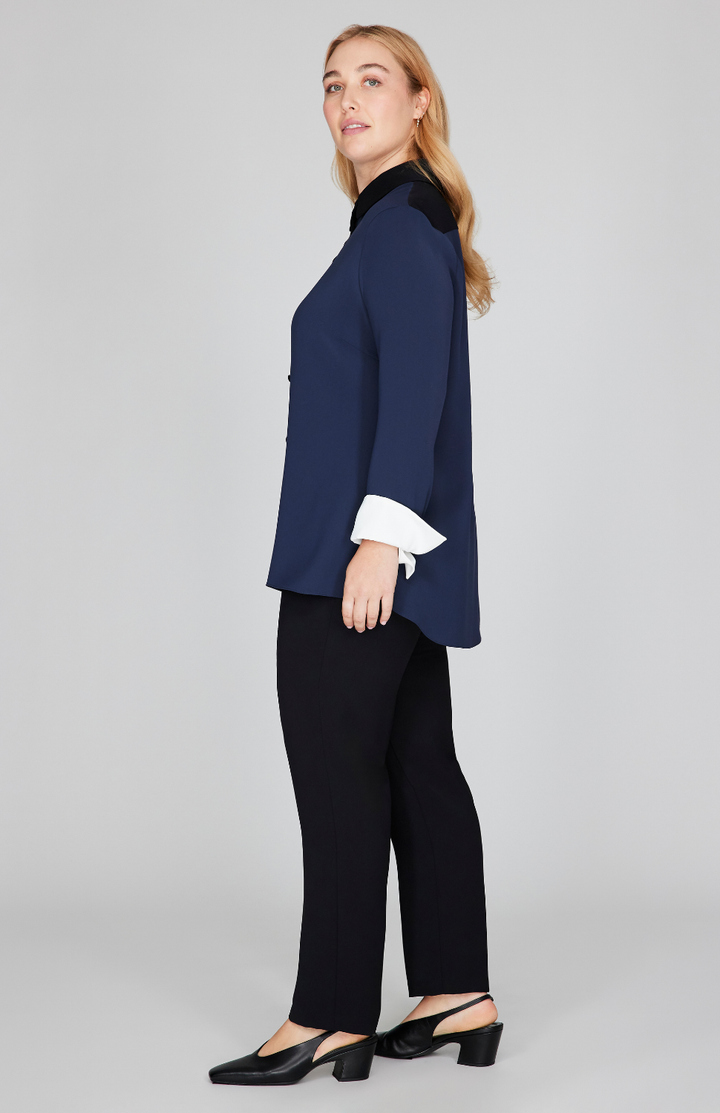 Color Block Lustrous Crepe Back Overlap Shirt - Moonlight 3