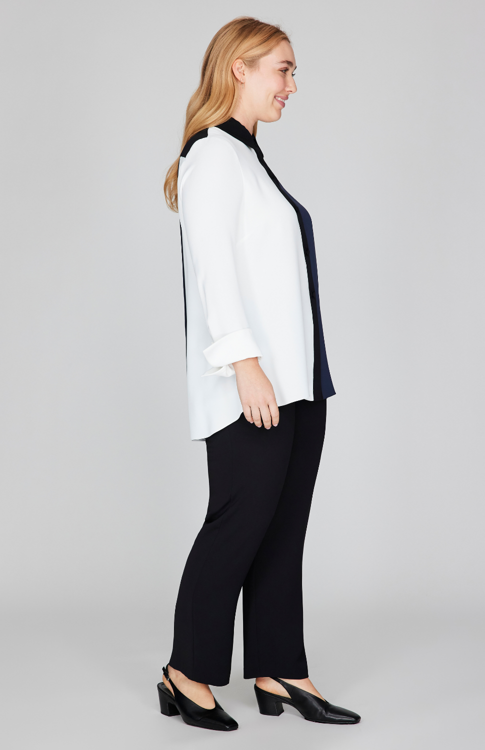 Color Block Lustrous Crepe Back Overlap Shirt - Moonlight 3