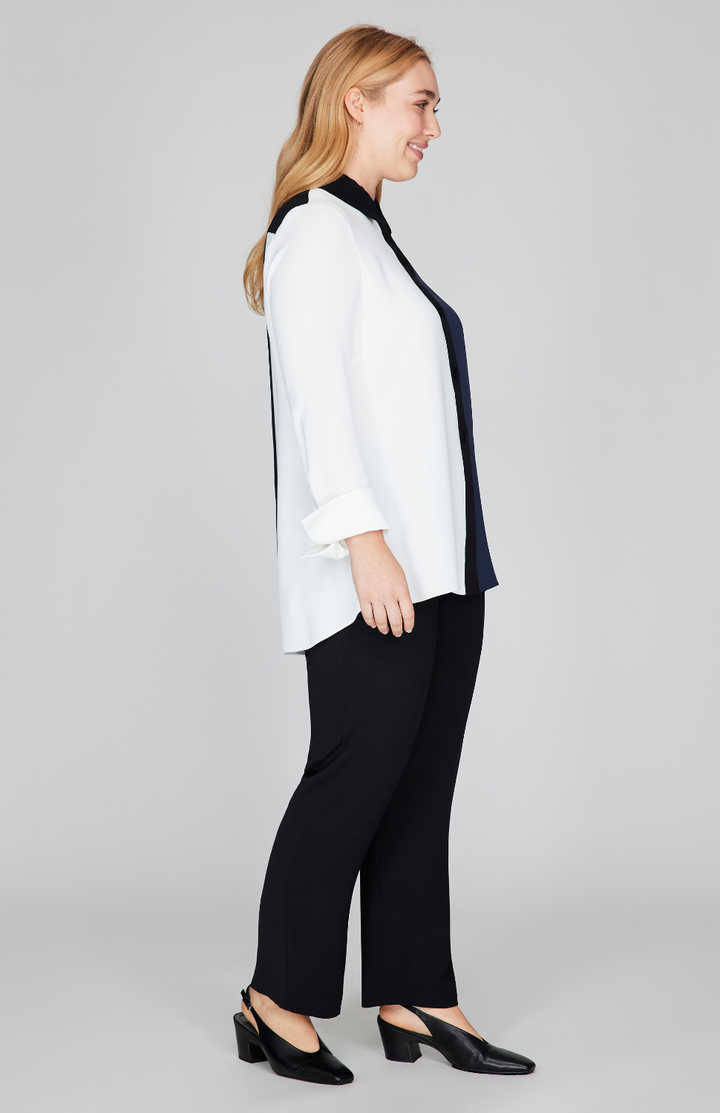 Color Block Lustrous Crepe Back Overlap Shirt - Moonlight 3