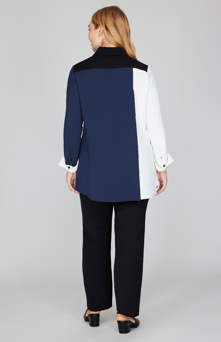 Color Block Lustrous Crepe Back Overlap Shirt - Moonlight 3