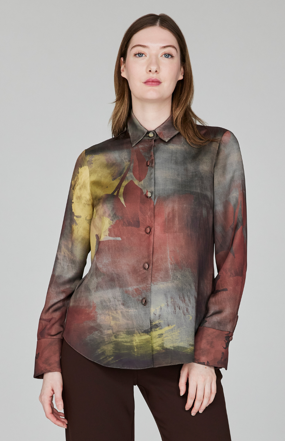 Painterly Color Wash Print Tailored Button Down Shirt