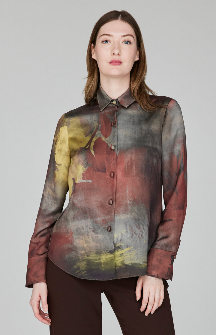 Painterly Color Wash Print Tailored Button Down Shirt