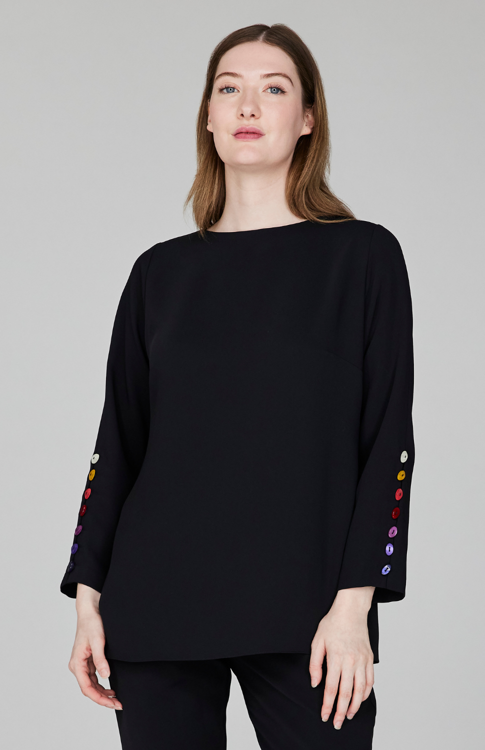 Lustrous Crepe 3/4 Sleeve Blouse w/ Ombré Button Detail