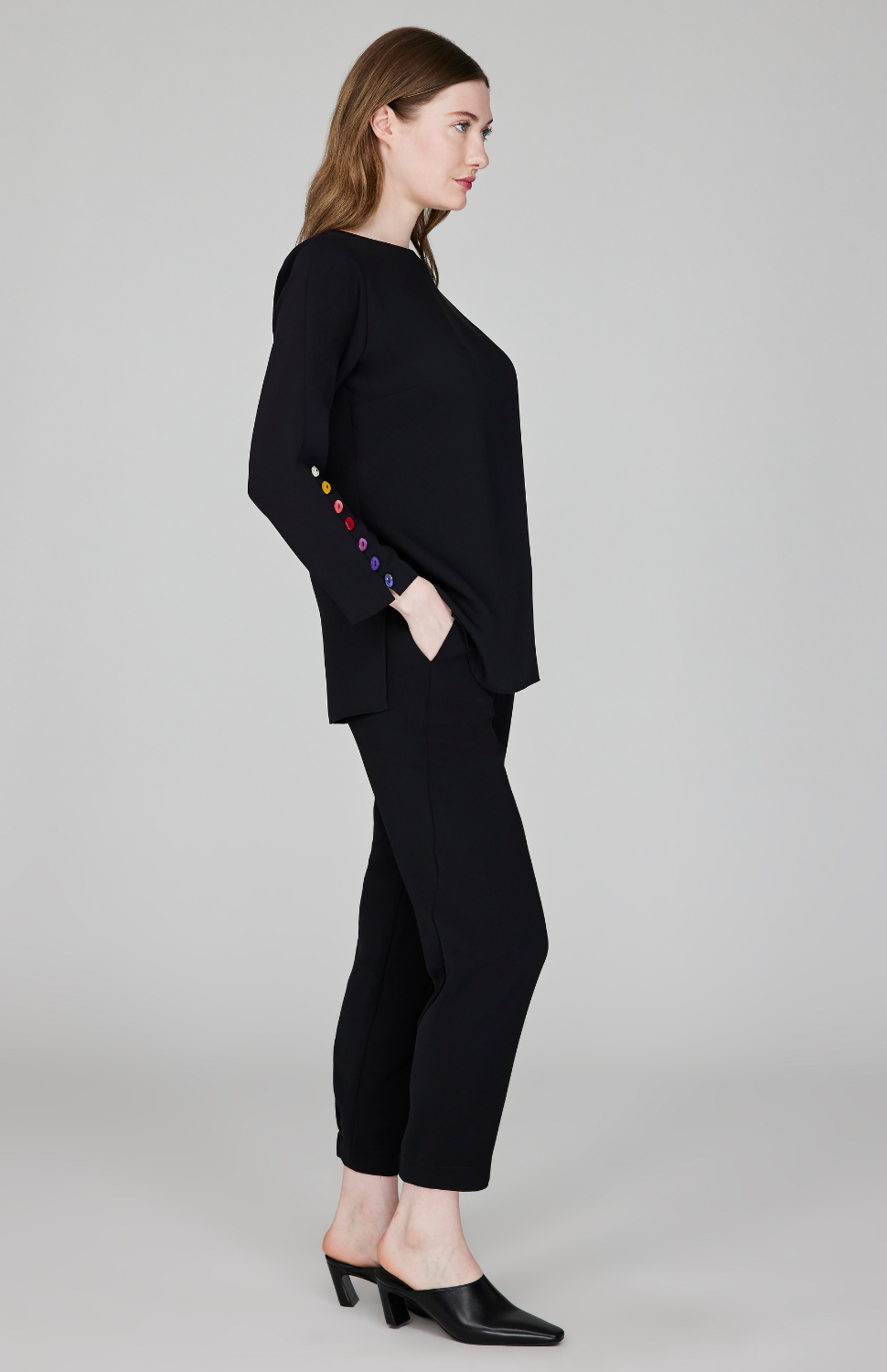 Lustrous Crepe 3/4 Sleeve Blouse w/ Ombré Button Detail