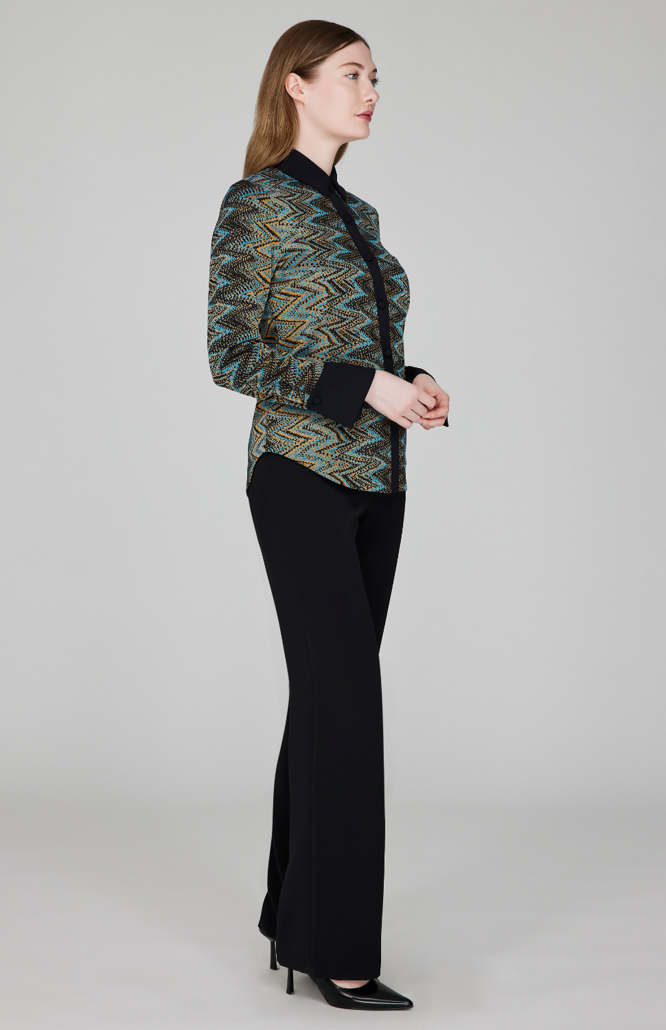 Metallic Chevron Knit Collared Tailored Shirt