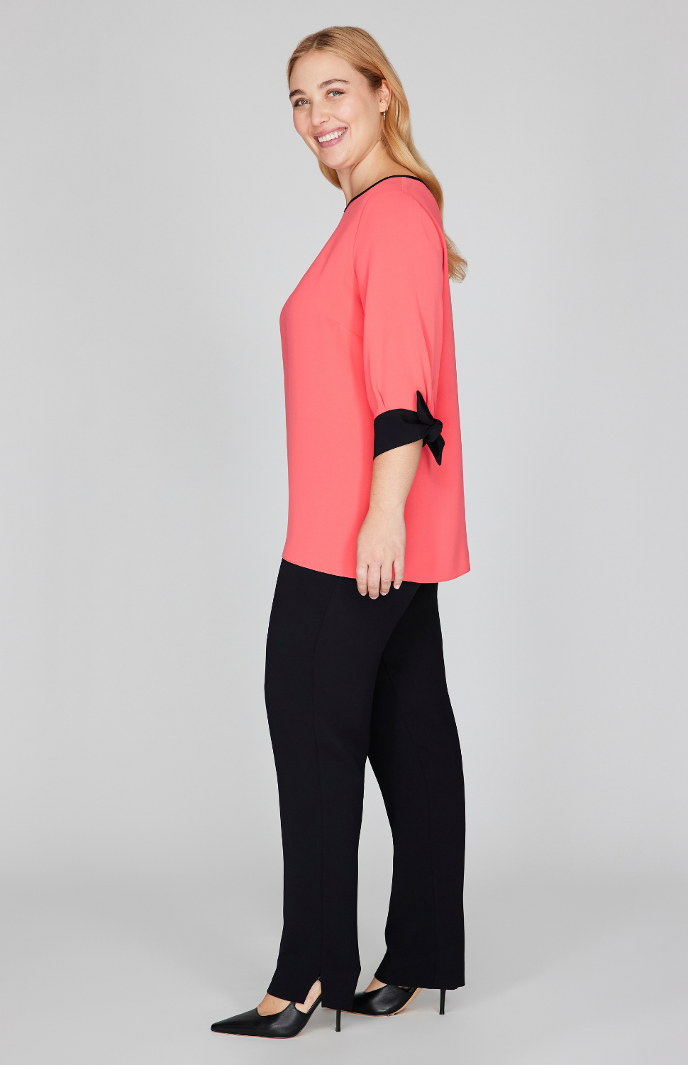 Lustrous Crepe 3/4 Sleeve Blouse with Tie Cuff