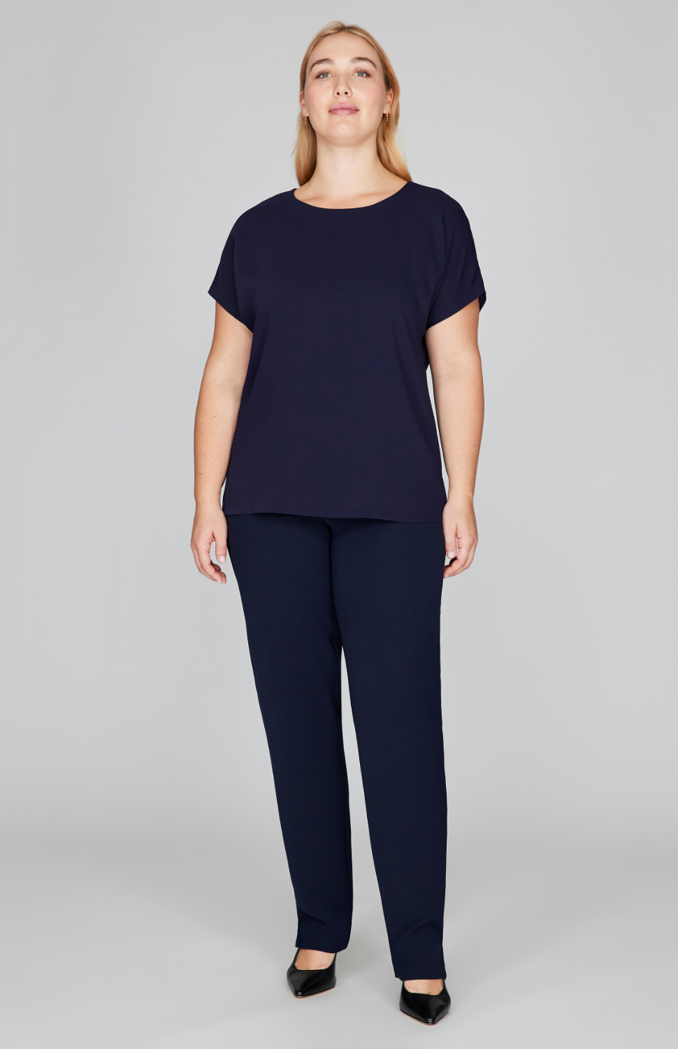 Lustrous Crepe Essential Narrow Leg Pant w/Flat Front & Back Elastic