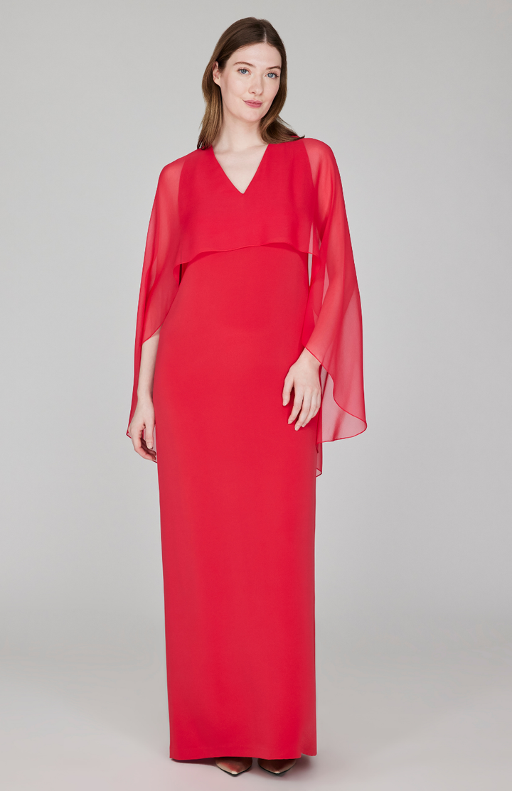 Silk Gown w/Chiffon V Neck Overlay