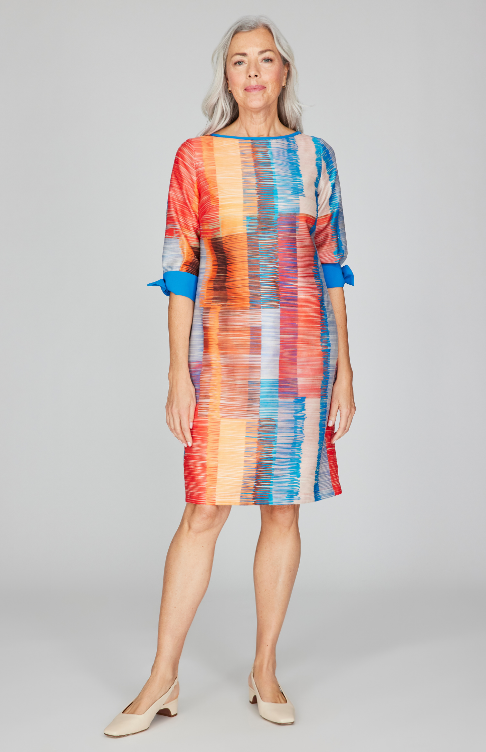 Linear Expressionist Organza 3/4 Sleeve Sheath Dress