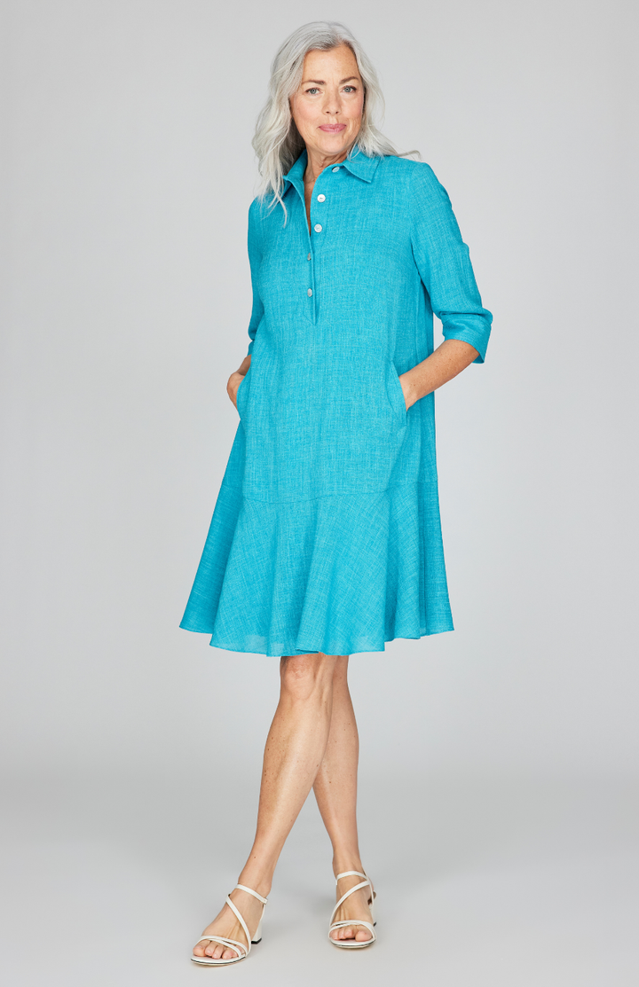 Microlinen Collared Trapeze Dress w/ Flared Skirt