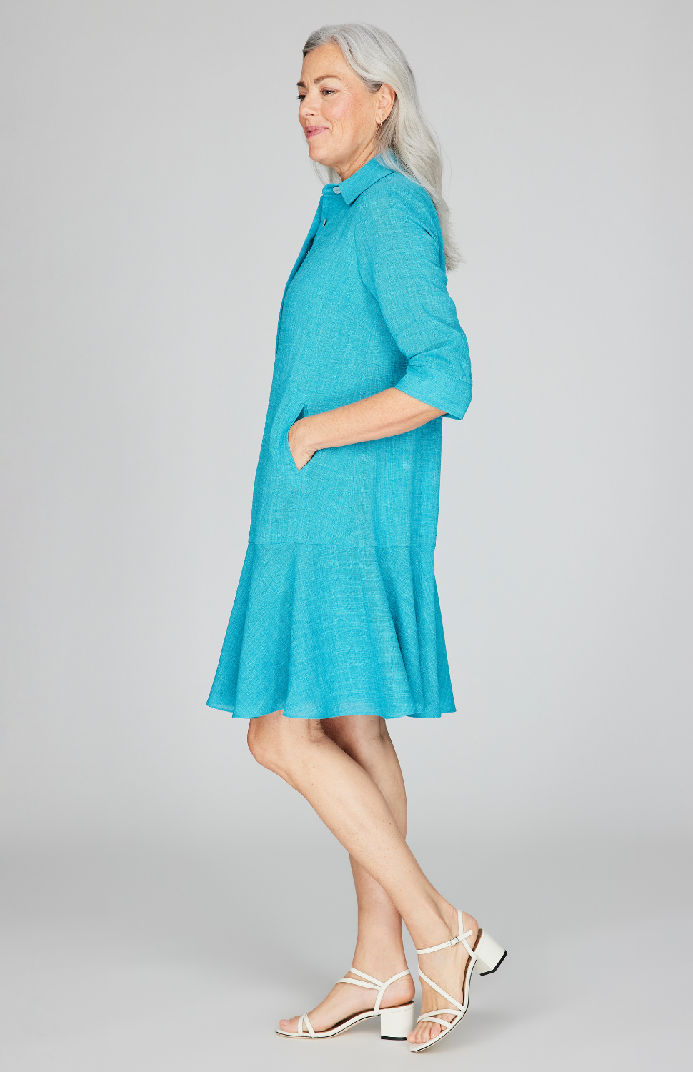 Microlinen Collared Trapeze Dress w/ Flared Skirt