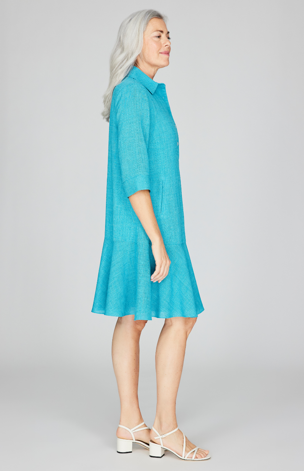 Microlinen Collared Trapeze Dress w/ Flared Skirt