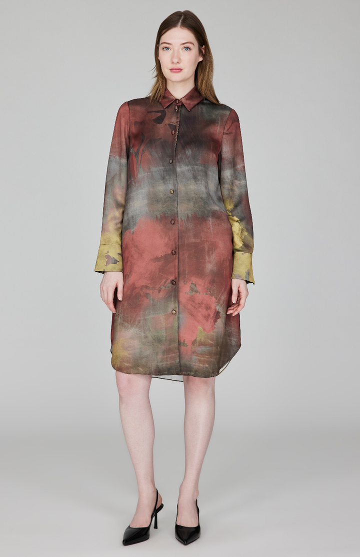 Painterly Color Wash Print Tailored Shirt Dress