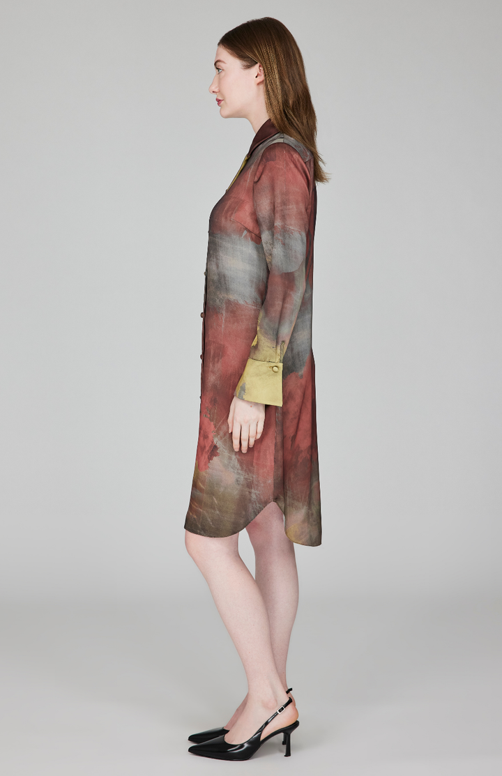 Painterly Color Wash Print Tailored Shirt Dress