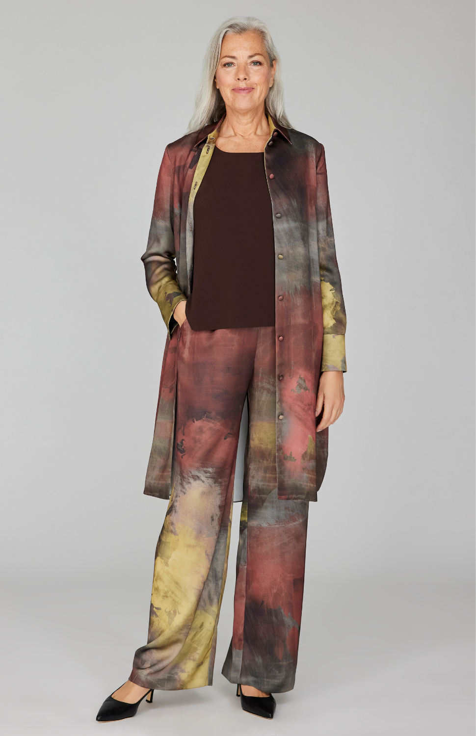 Painterly Color Wash Print Wide Leg Pant w/ Back Elastic