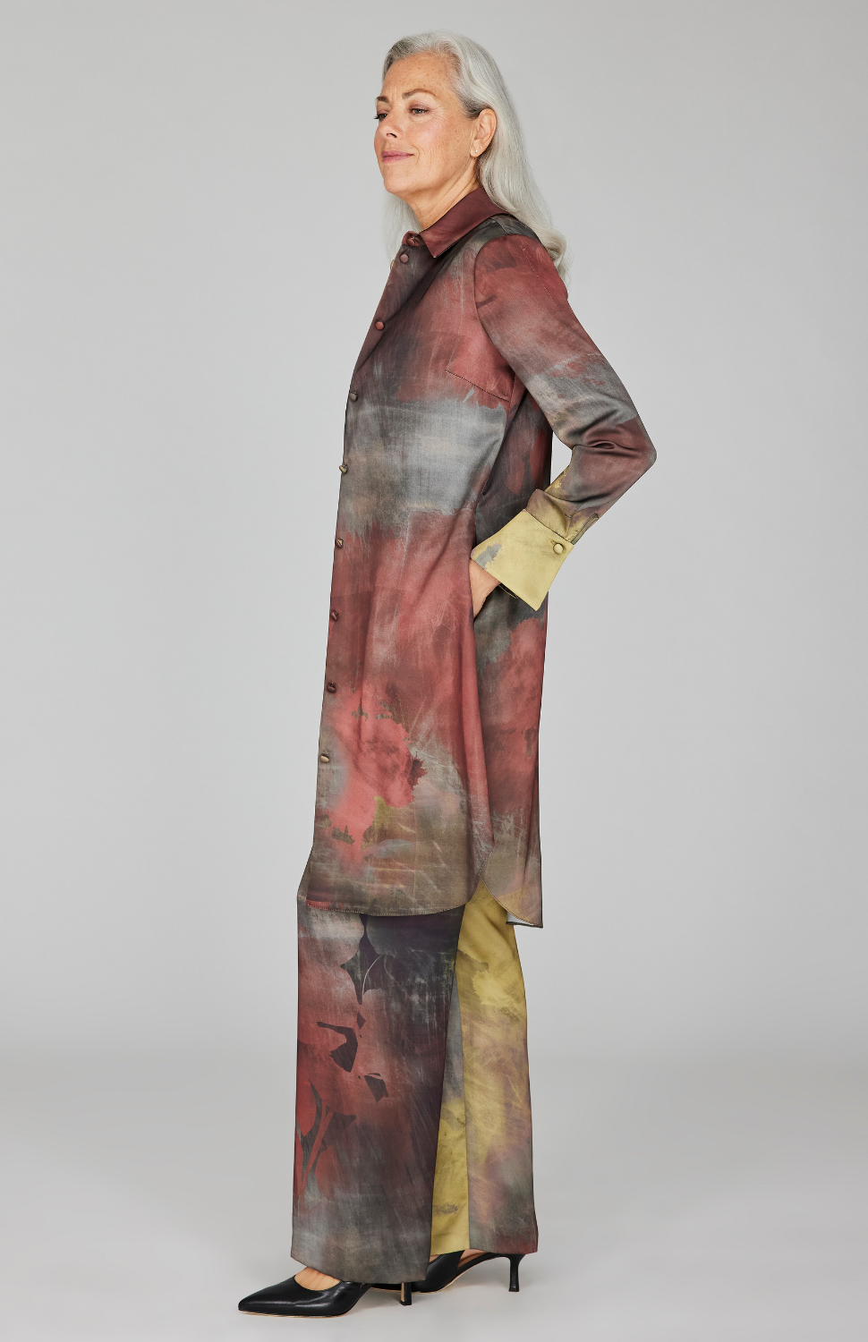 Painterly Color Wash Print Tailored Shirt Dress
