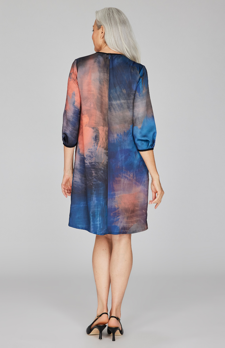 Painterly Color Wash Print Gather Neck Trapeze Dress