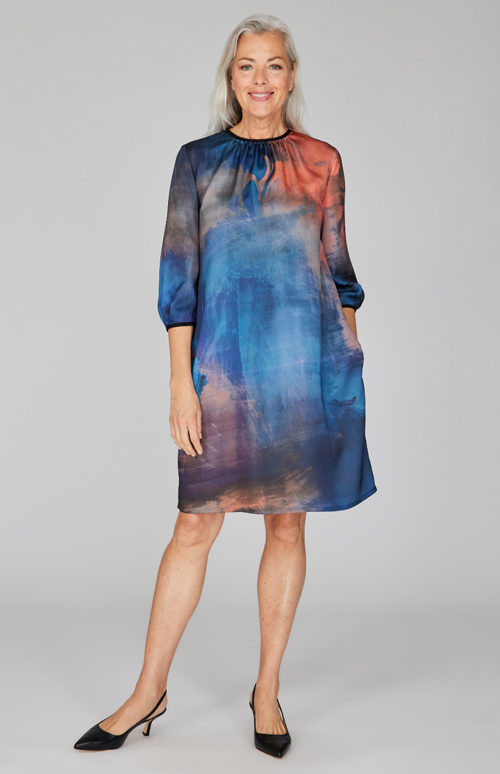 Painterly Color Wash Print Gather Neck Trapeze Dress