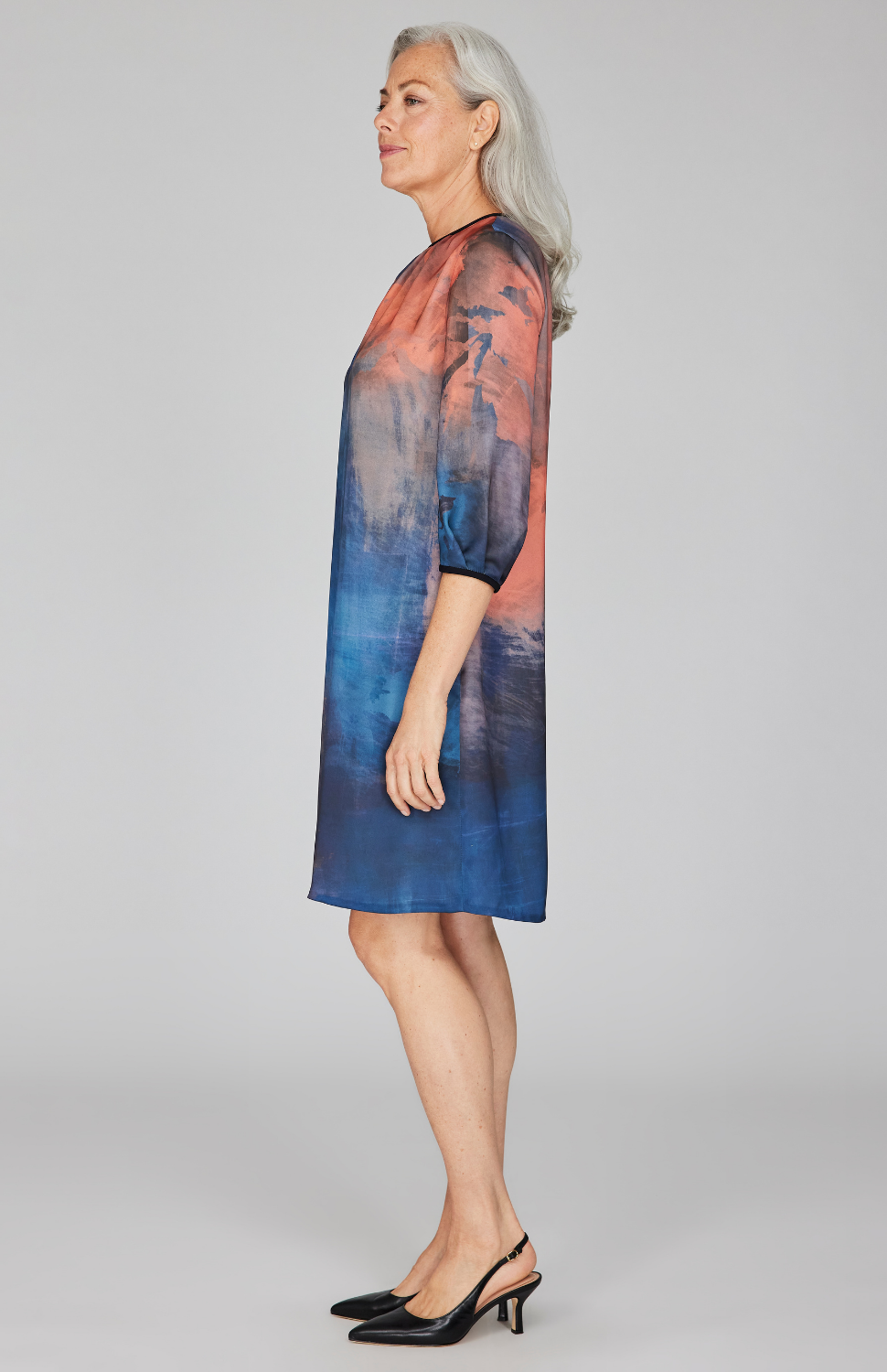 Painterly Color Wash Print Gather Neck Trapeze Dress