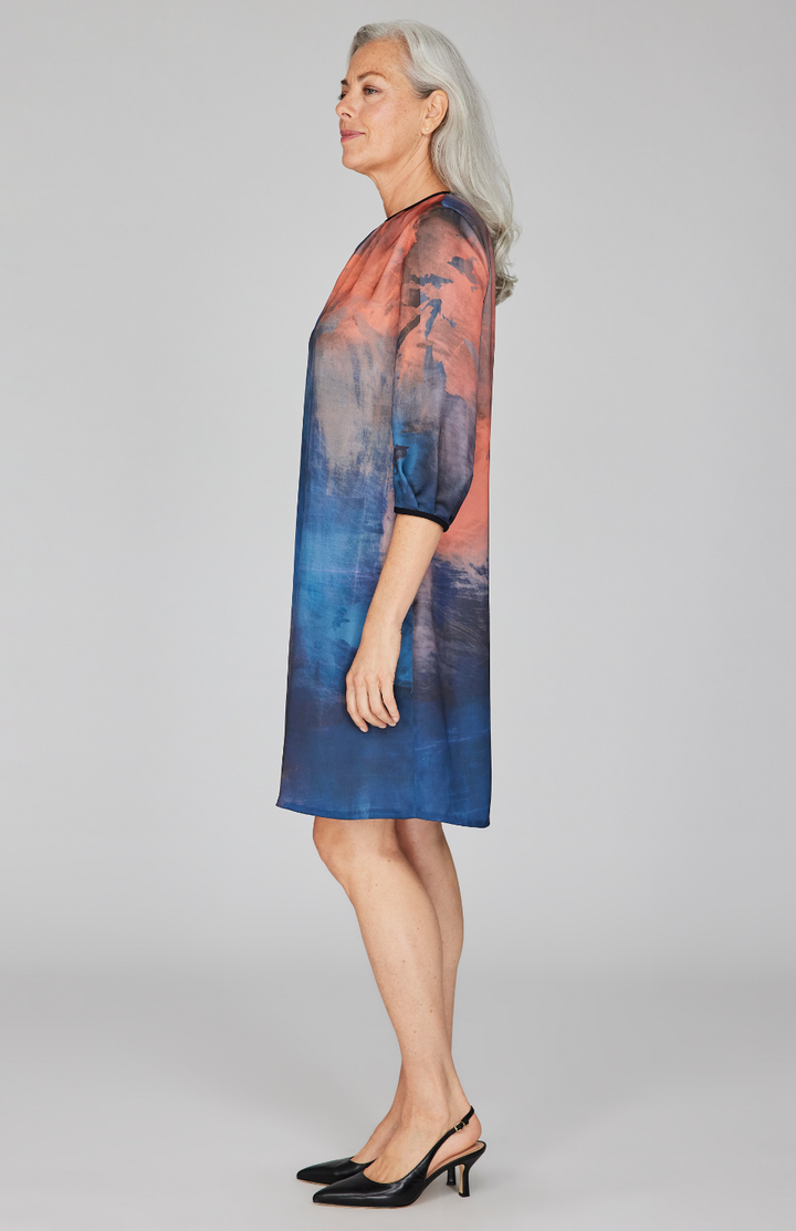 Painterly Color Wash Print Gather Neck Trapeze Dress