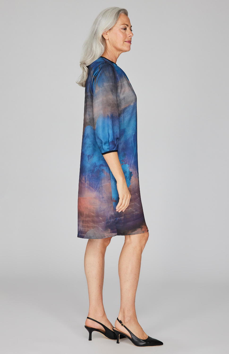 Painterly Color Wash Print Gather Neck Trapeze Dress