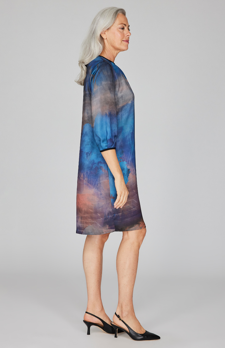 Painterly Color Wash Print Gather Neck Trapeze Dress