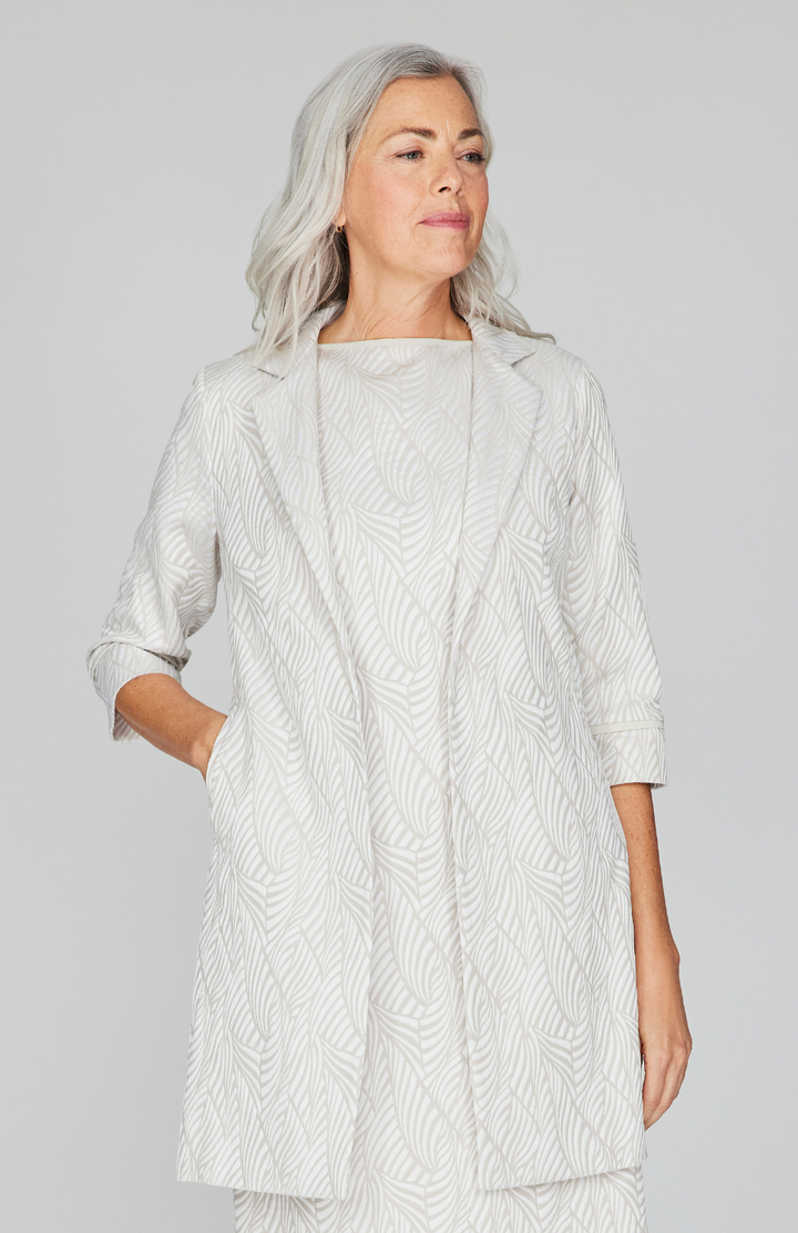 Tonal Botanic Stretch Jacquard Long Blazer w/ Bias Trim