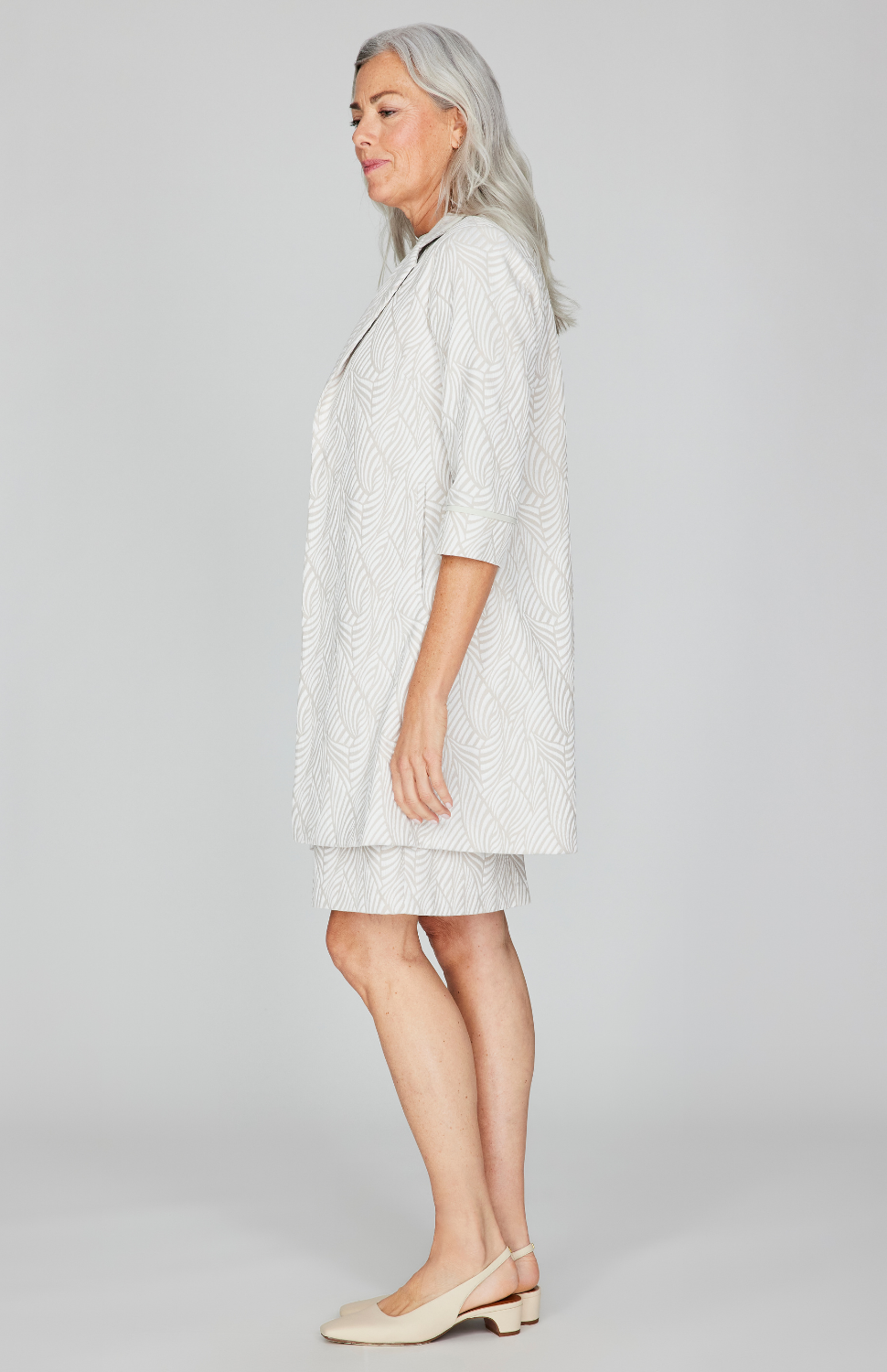 Tonal Botanic Stretch Jacquard Long Blazer w/ Bias Trim