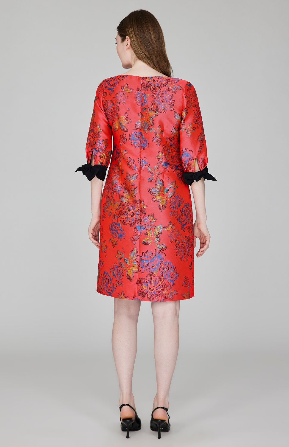 Impressionist Bloom Jacquard 3/4 Sleeve Sheath Dress w/ Tie Cuff