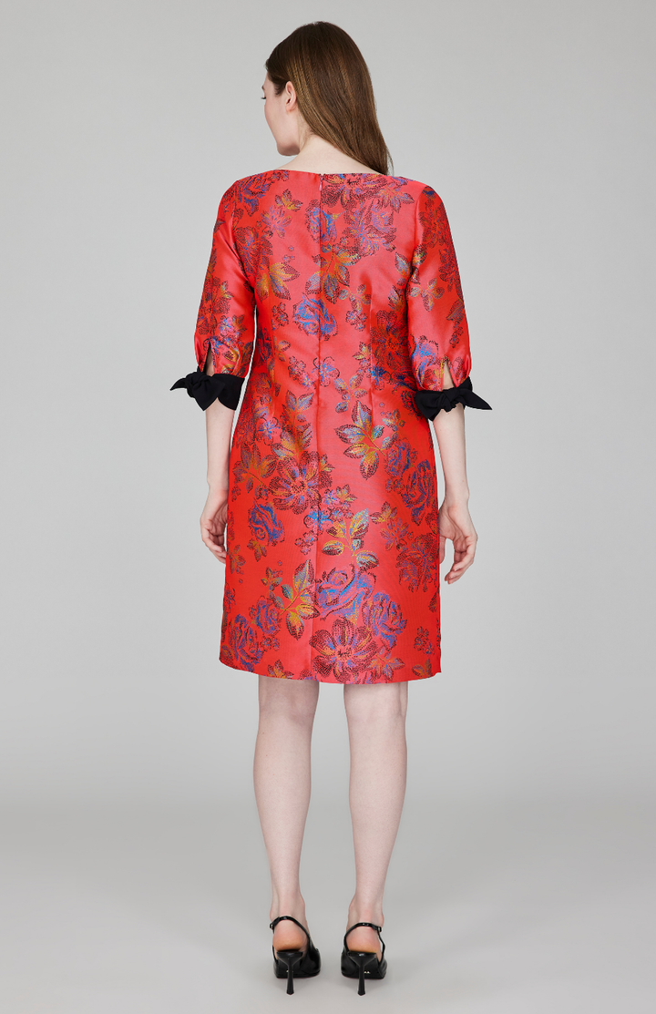 Impressionist Bloom Jacquard 3/4 Sleeve Sheath Dress w/ Tie Cuff