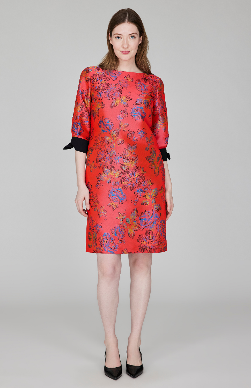Impressionist Bloom Jacquard 3/4 Sleeve Sheath Dress w/ Tie Cuff