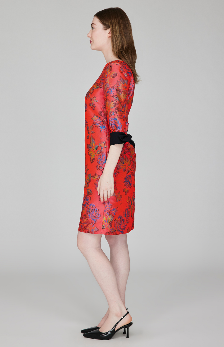 Impressionist Bloom Jacquard 3/4 Sleeve Sheath Dress w/ Tie Cuff
