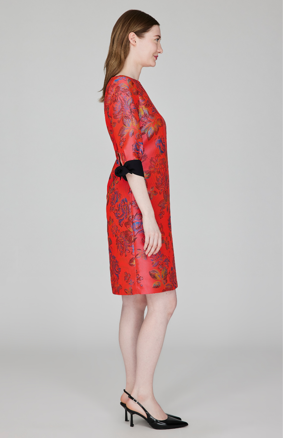 Impressionist Bloom Jacquard 3/4 Sleeve Sheath Dress w/ Tie Cuff