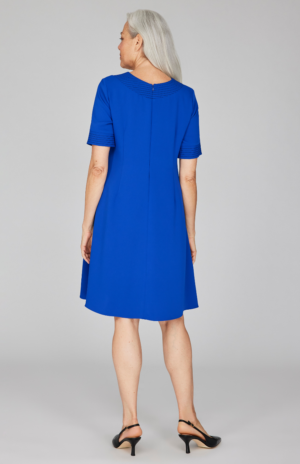 Lustrous Crepe Short Sleeve Trapeze Dress w/ Trapunto Stitch Detail