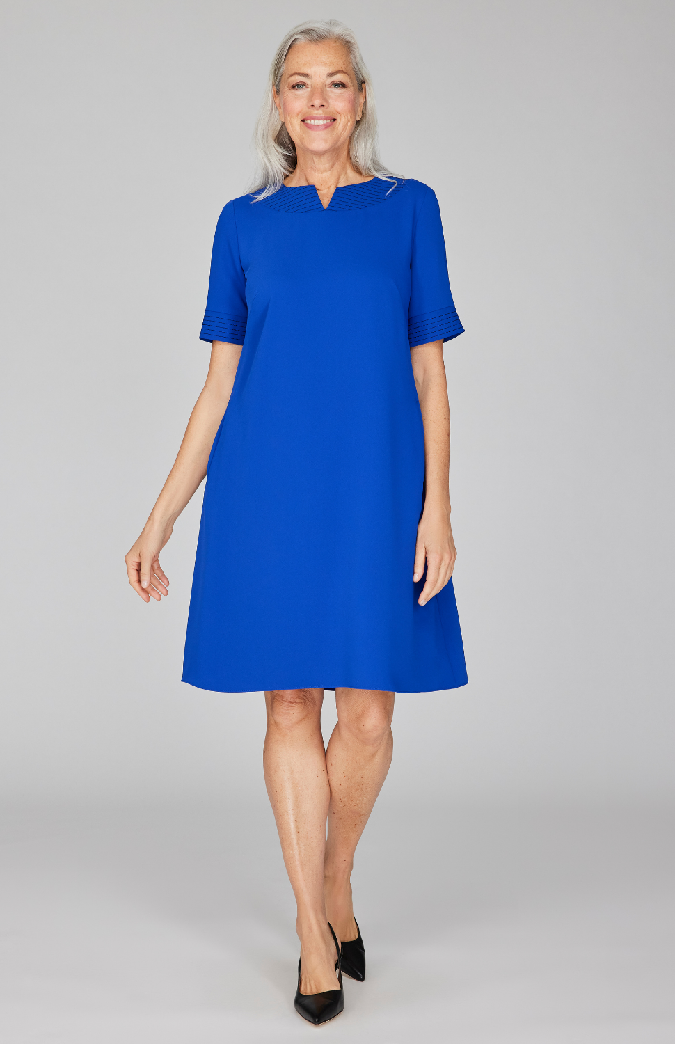 Lustrous Crepe Short Sleeve Trapeze Dress w/ Trapunto Stitch Detail