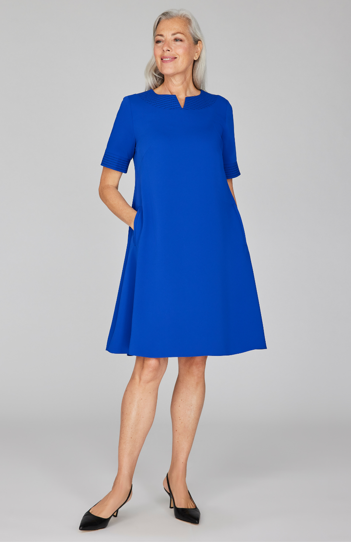 Lustrous Crepe Short Sleeve Trapeze Dress w/ Trapunto Stitch Detail