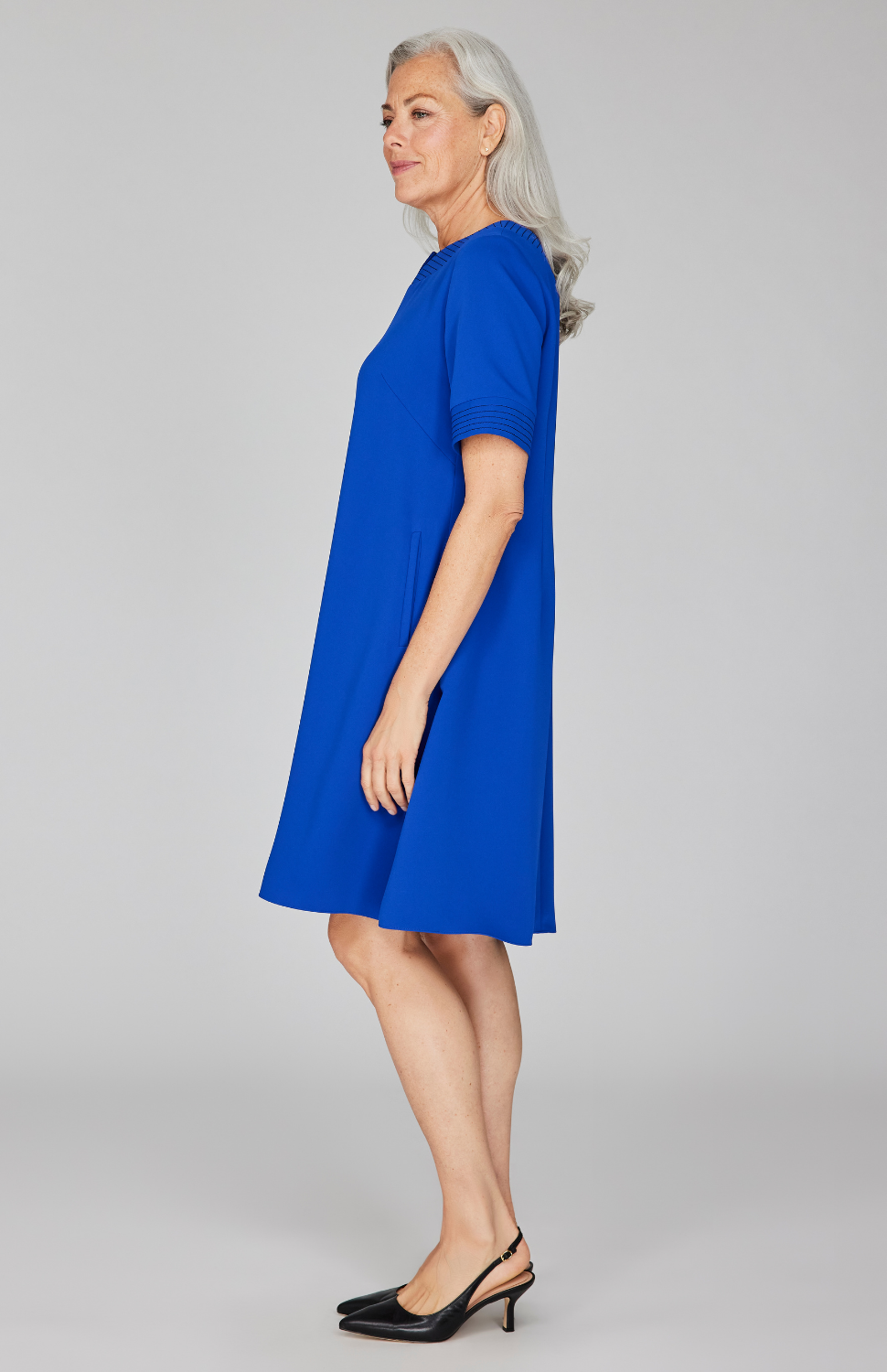 Lustrous Crepe Short Sleeve Trapeze Dress w/ Trapunto Stitch Detail