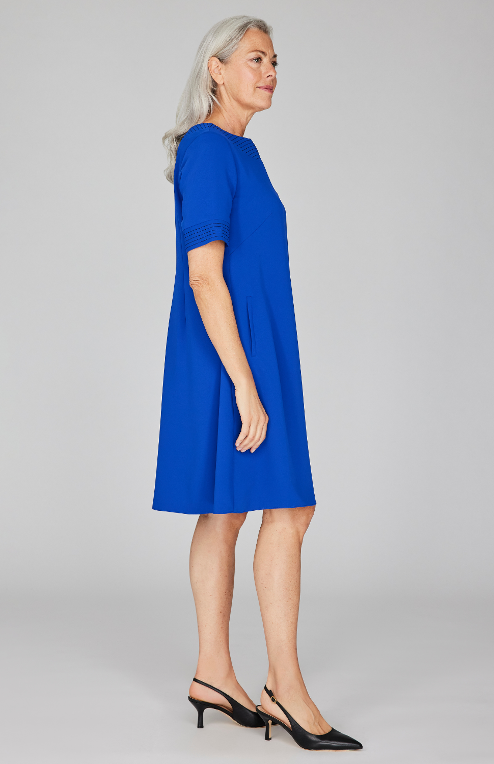 Lustrous Crepe Short Sleeve Trapeze Dress w/ Trapunto Stitch Detail