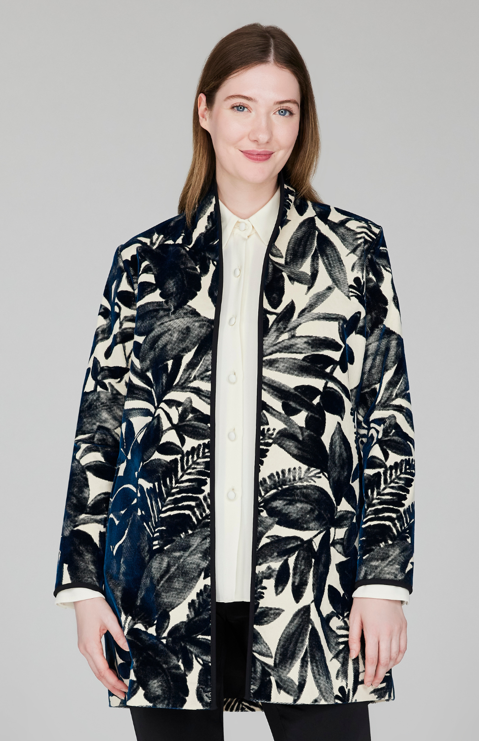 Floral Stretch Cotton Velvet High Neck Coat