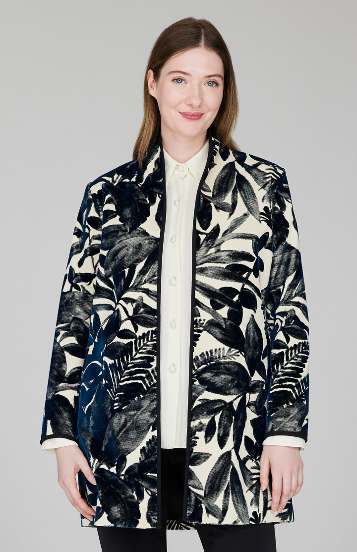 Floral Stretch Cotton Velvet High Neck Coat