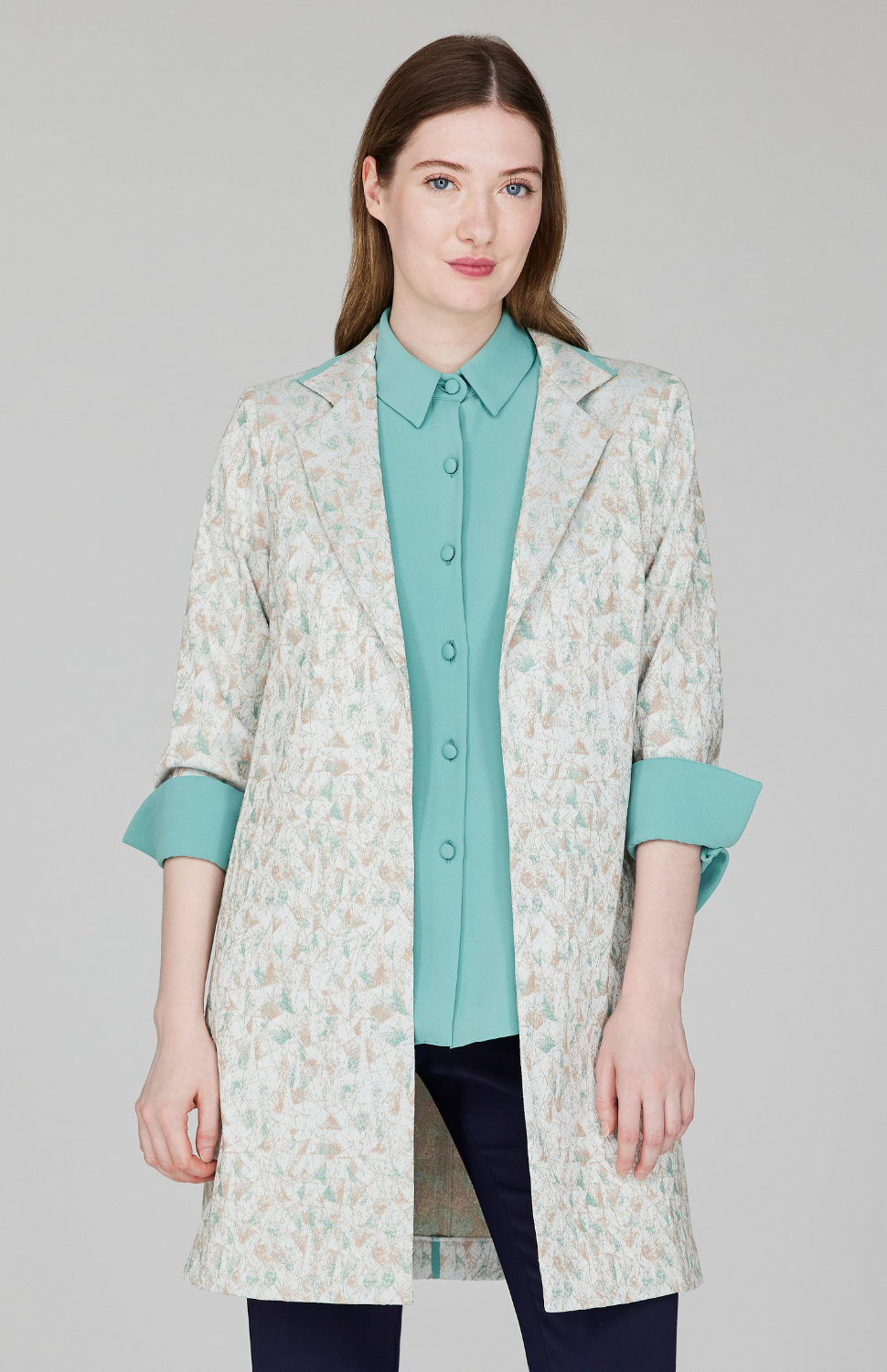 Expressionist Stretch Jacquard Long Blazer w/ Contrast Bias
