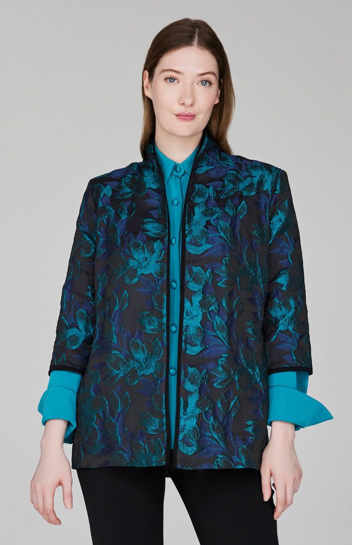 Metallic Magnolia Jacquard High Neck Jacket w/ Bias