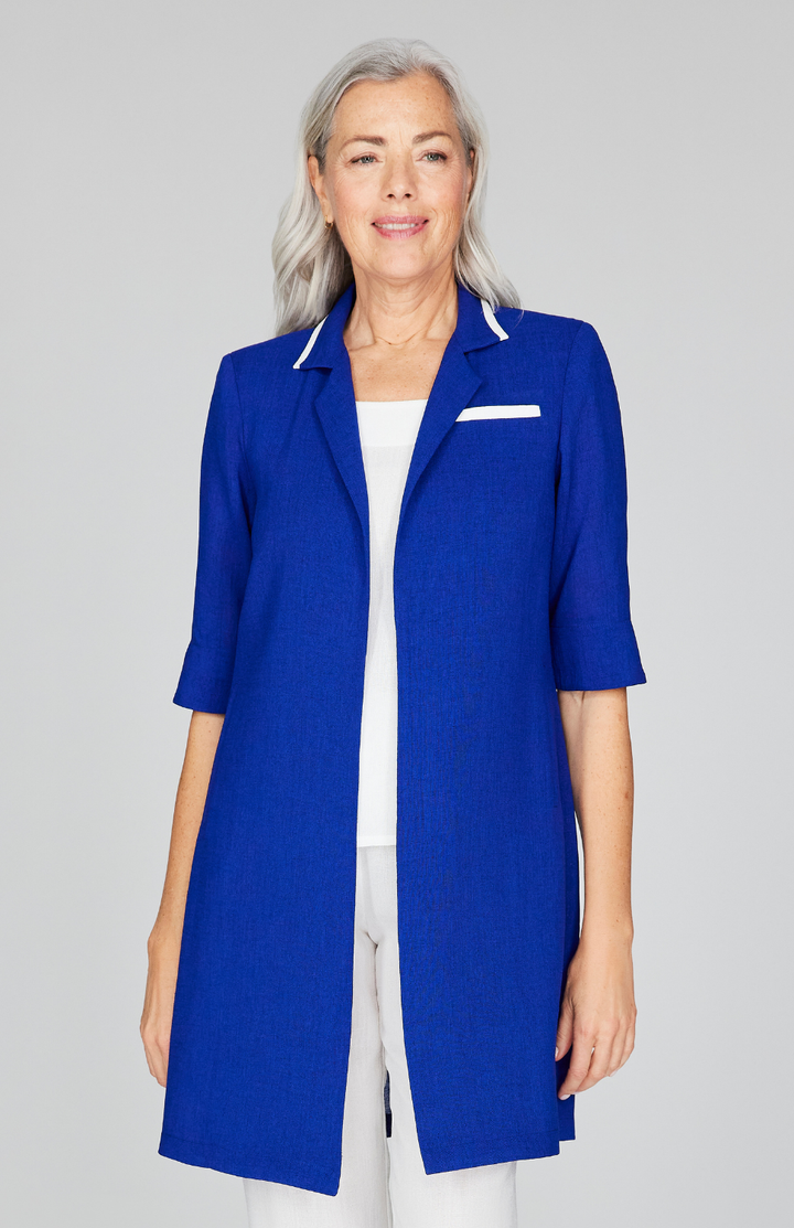 Microlinen Long Blazer with Contrast Trim