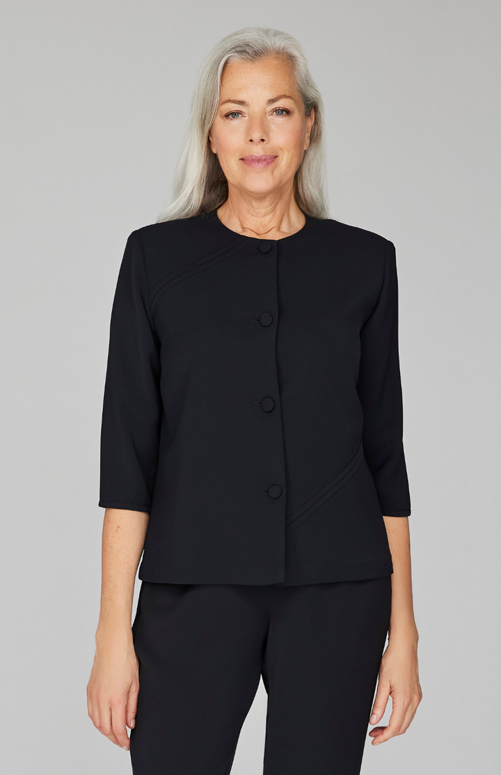 Lustrous Crepe Collarless Boxy Jacket w/ Asymmetric Bias Detail