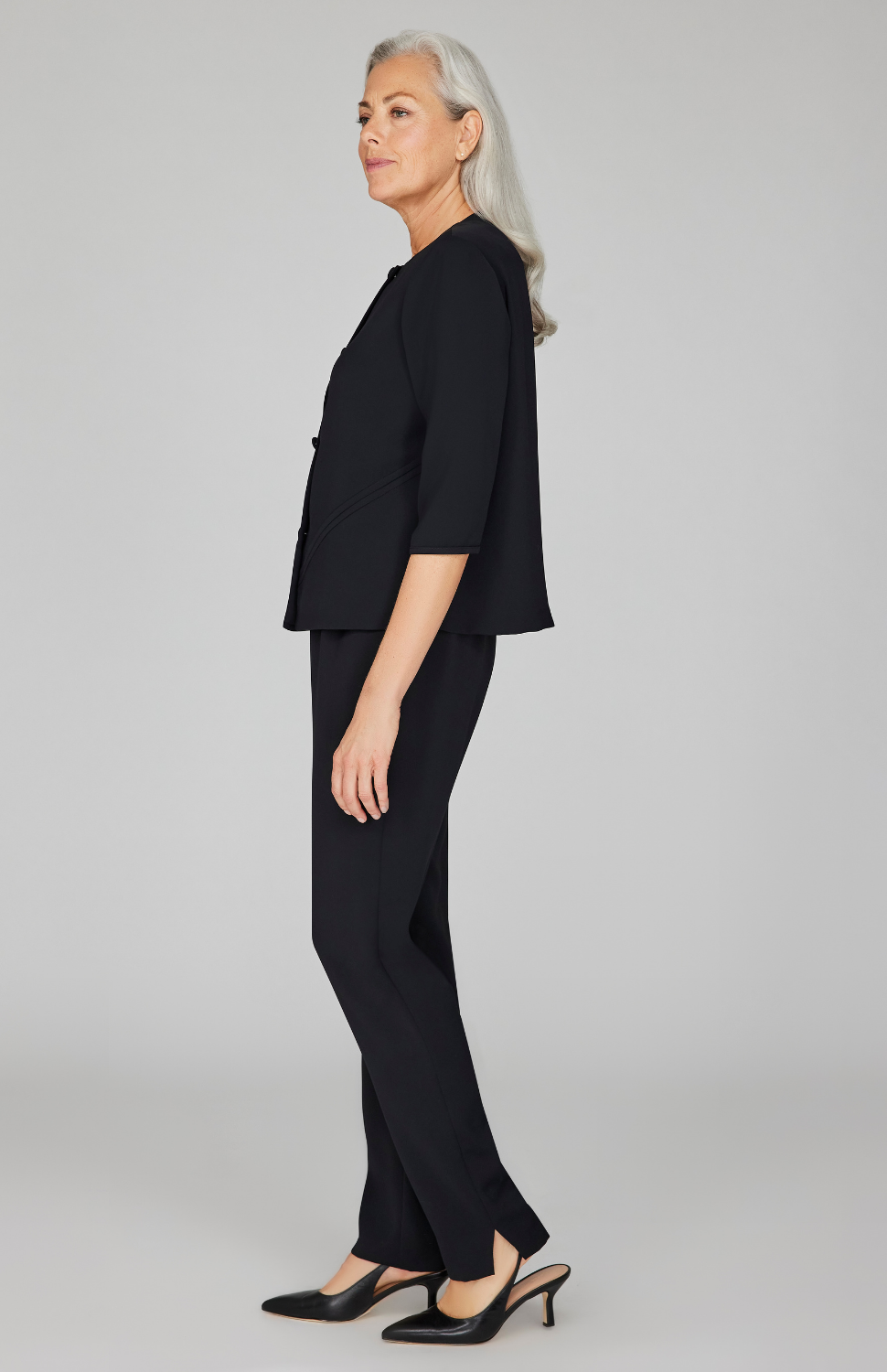 Lustrous Crepe Collarless Boxy Jacket w/ Asymmetric Bias Detail