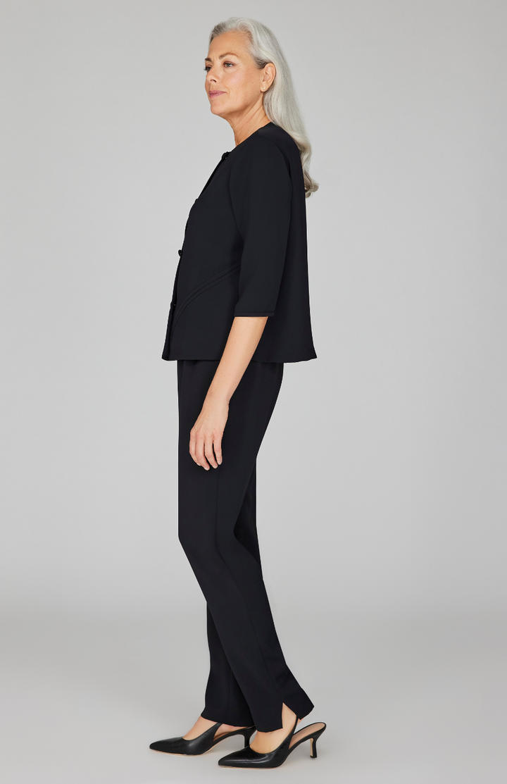 Lustrous Crepe Collarless Boxy Jacket w/ Asymmetric Bias Detail