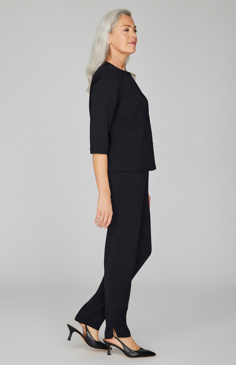 Lustrous Crepe Collarless Boxy Jacket w/ Asymmetric Bias Detail